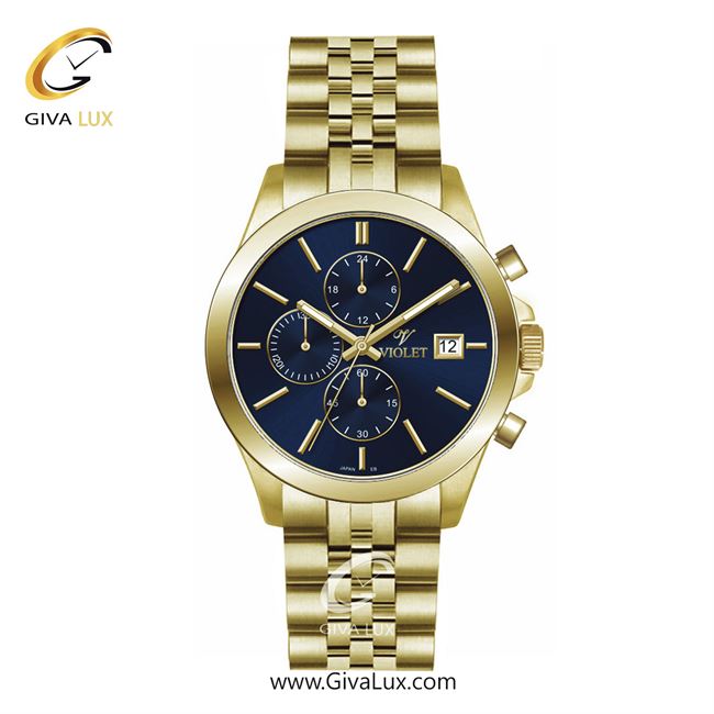 ساعت مچی اورجینال مردانه ویولت VIOLET سه موتوره کرنوگراف طلایی | طلایی| سرمه ای| کد رفرنس 0566/2